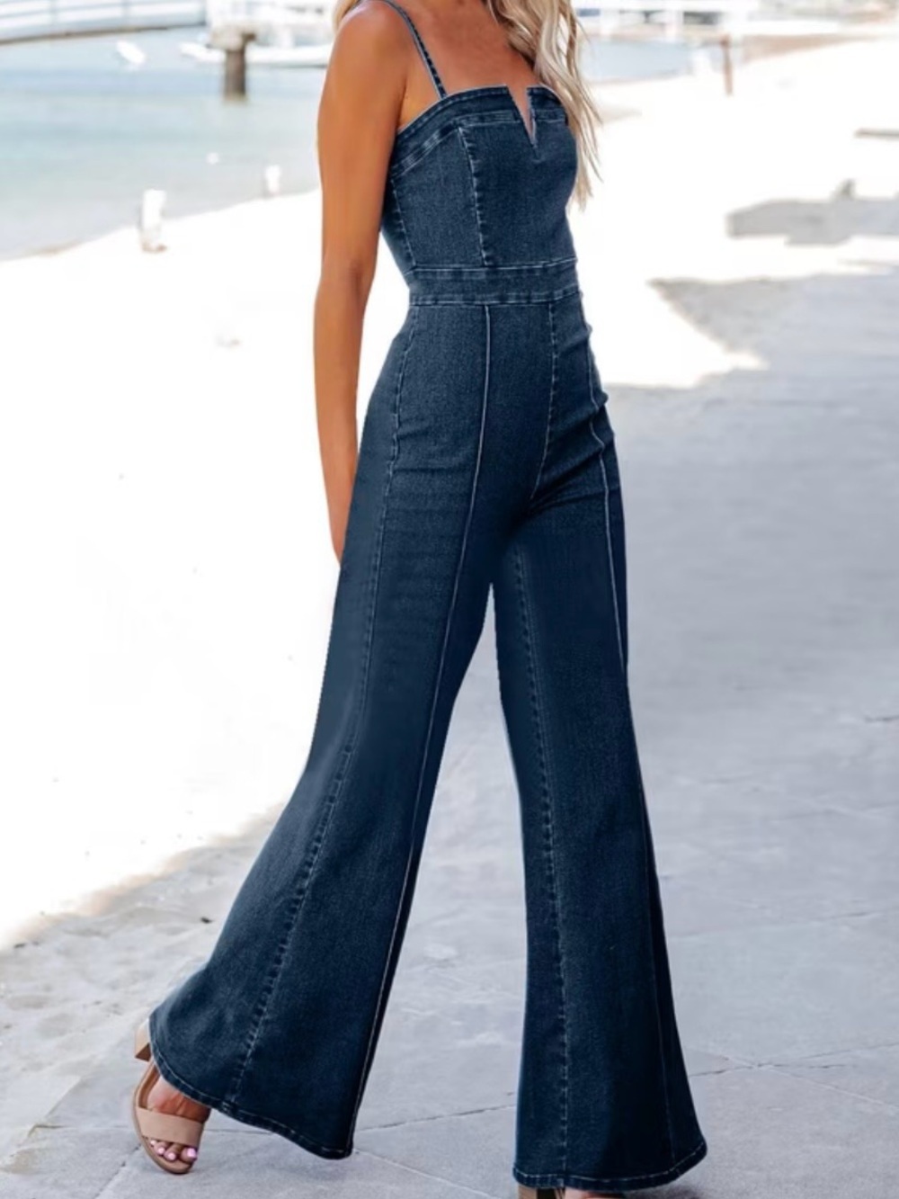 Charming Charlie Dark Blue Denim Wide-Leg Spaghetti Strap Jumpsuit